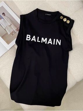🚩steal Balmain Black Sleeveless Logo Tee with Gold Buttons